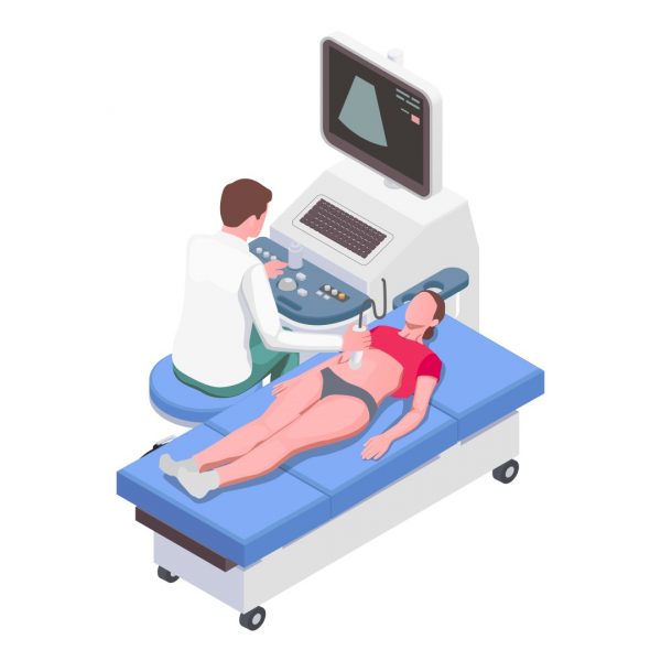 Pregnancy isometric icon with woman during ultrasound scanning in clinic 3d vector illustration